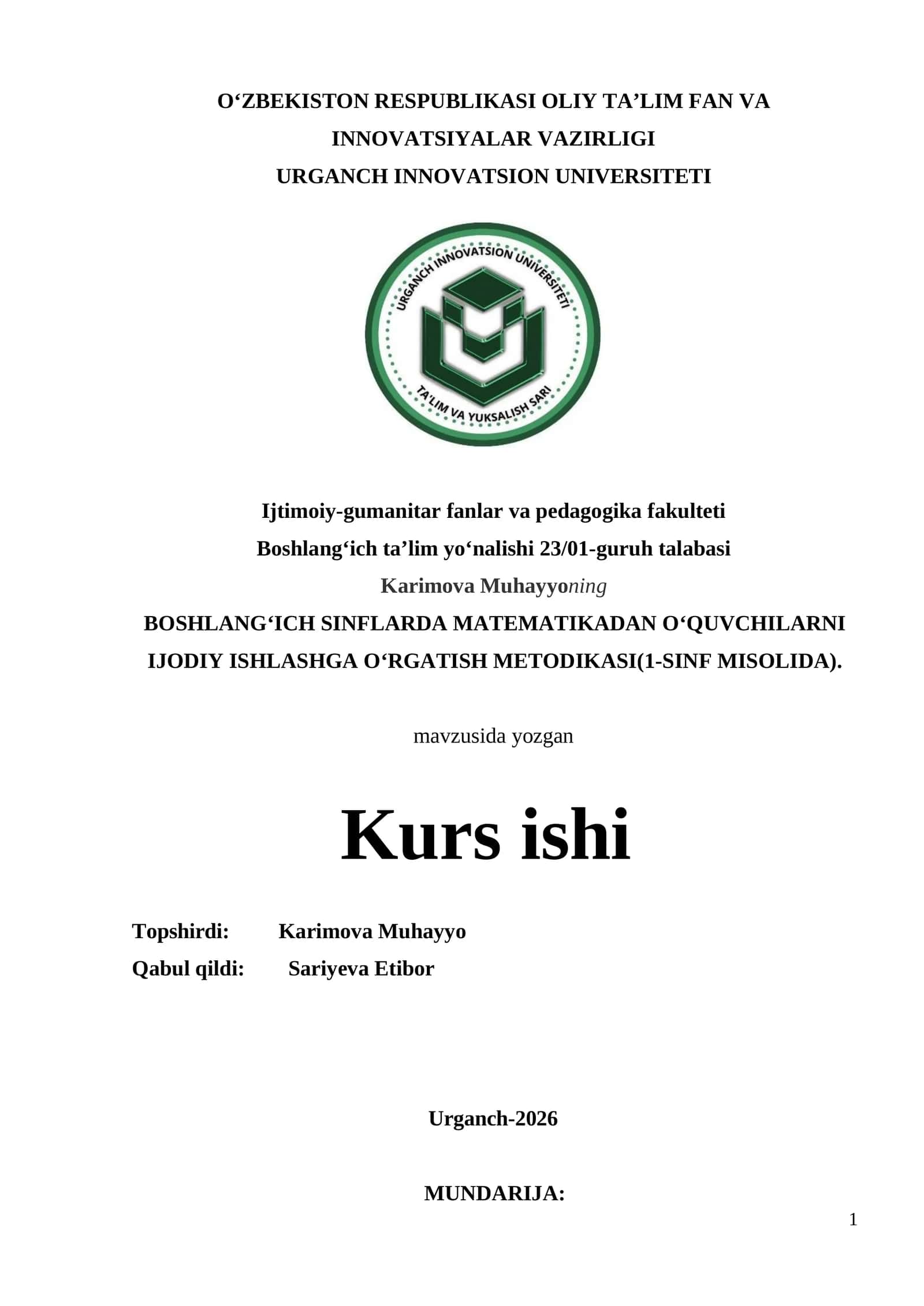 BOSHLANG‘ICH SINFLARDA MATЕMATIKADAN O‘QUVCHILARNI IJОDIY ISHLASHGA O‘RGATISH MЕTОDIKASI(1-SINF MISOLIDA)