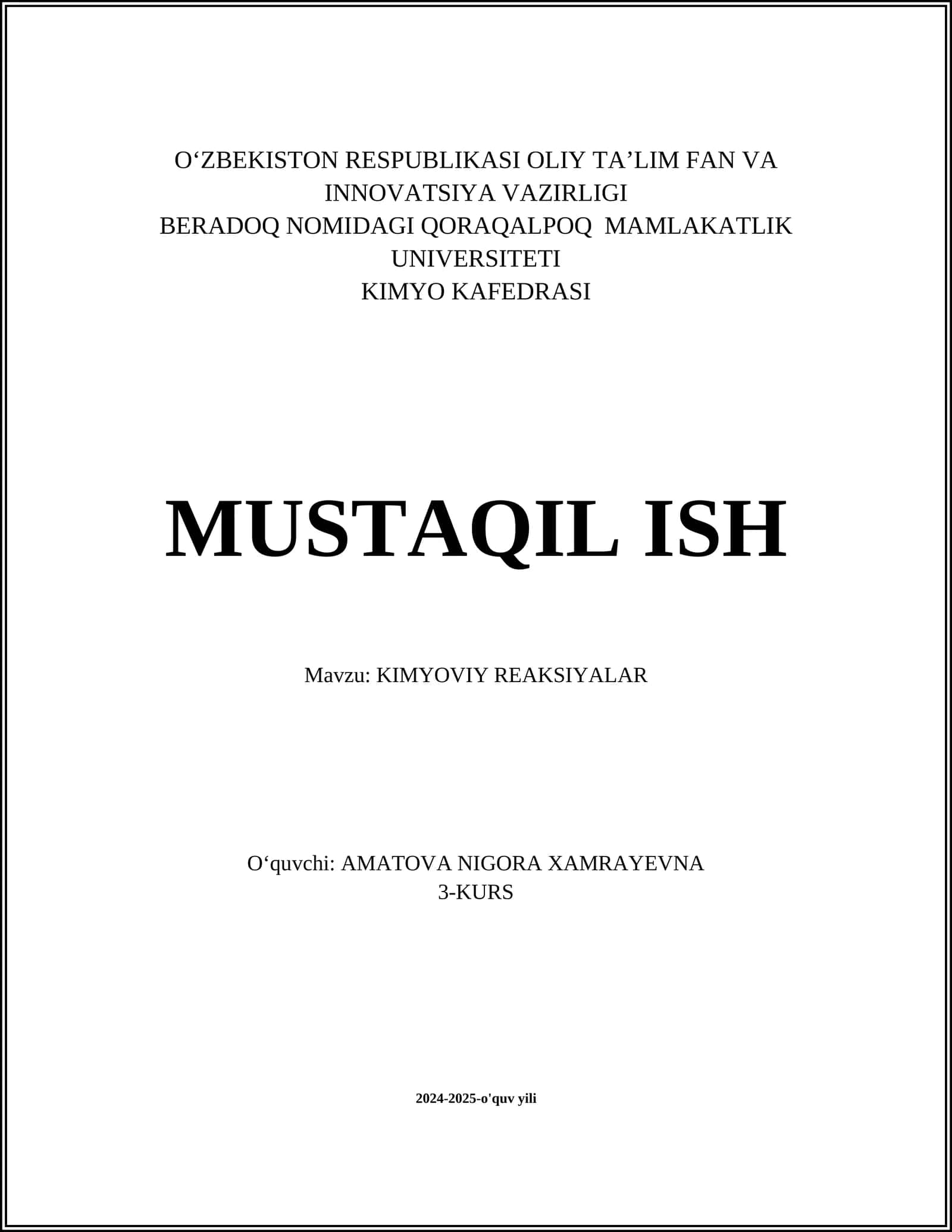 KIMYOVIY REAKSIYALAR