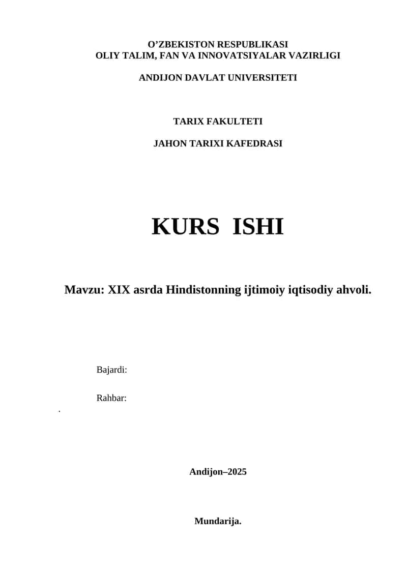 XIX asrda Hindistonning ijtimoiy iqtisodiy ahvoli