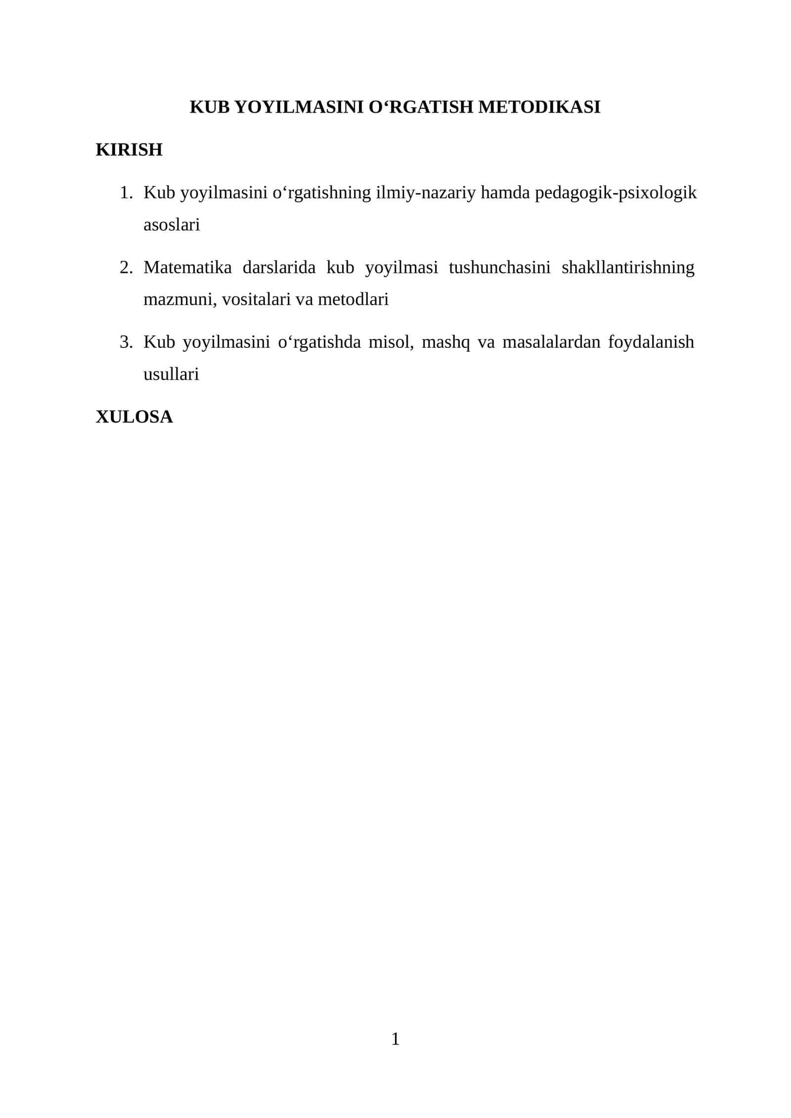 Kub yoyilmasini o‘rgatish metodikasi