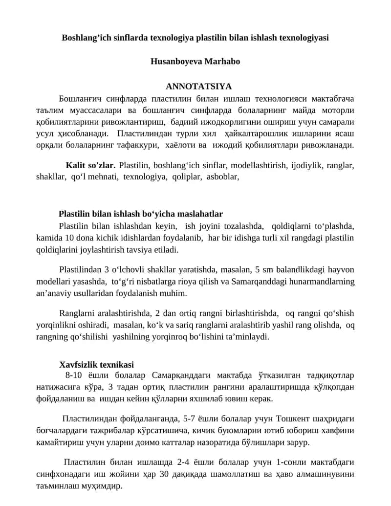 Boshlang’ich sinflarda texnologiya plastilin bilan ishlash texnologiyasi