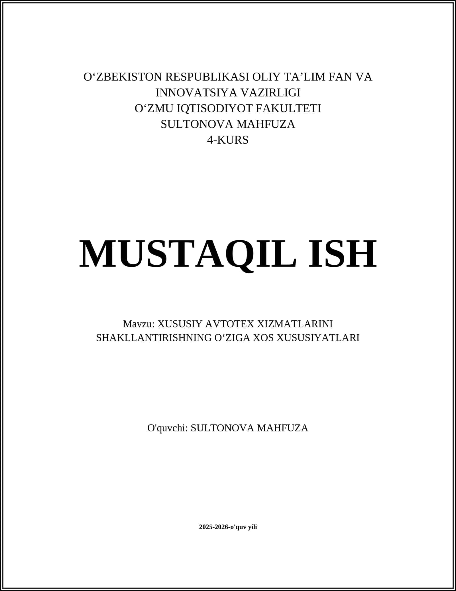 XUSUSIY AVTOTEX XIZMATLARINI SHAKLLANTIRISHNING OʻZIGA XOS XUSUSIYATLARI