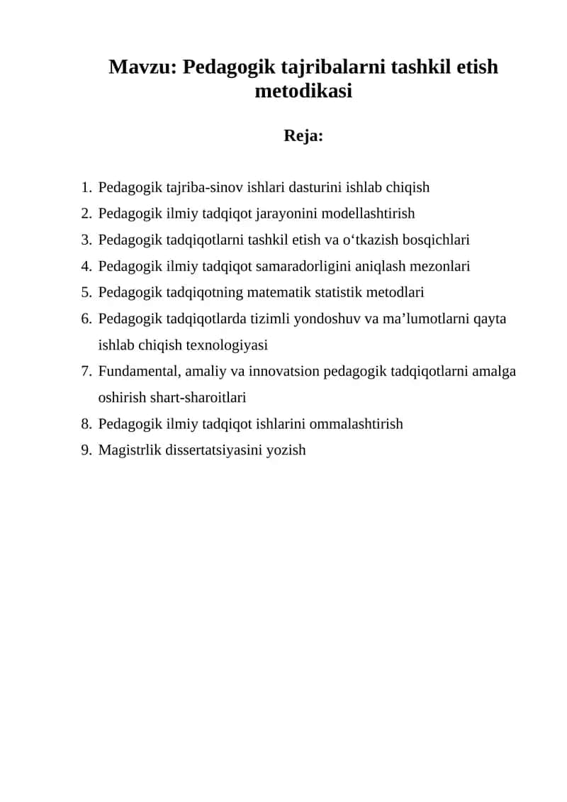 Pedagogik tajribalarni tashkil etish metodikasi