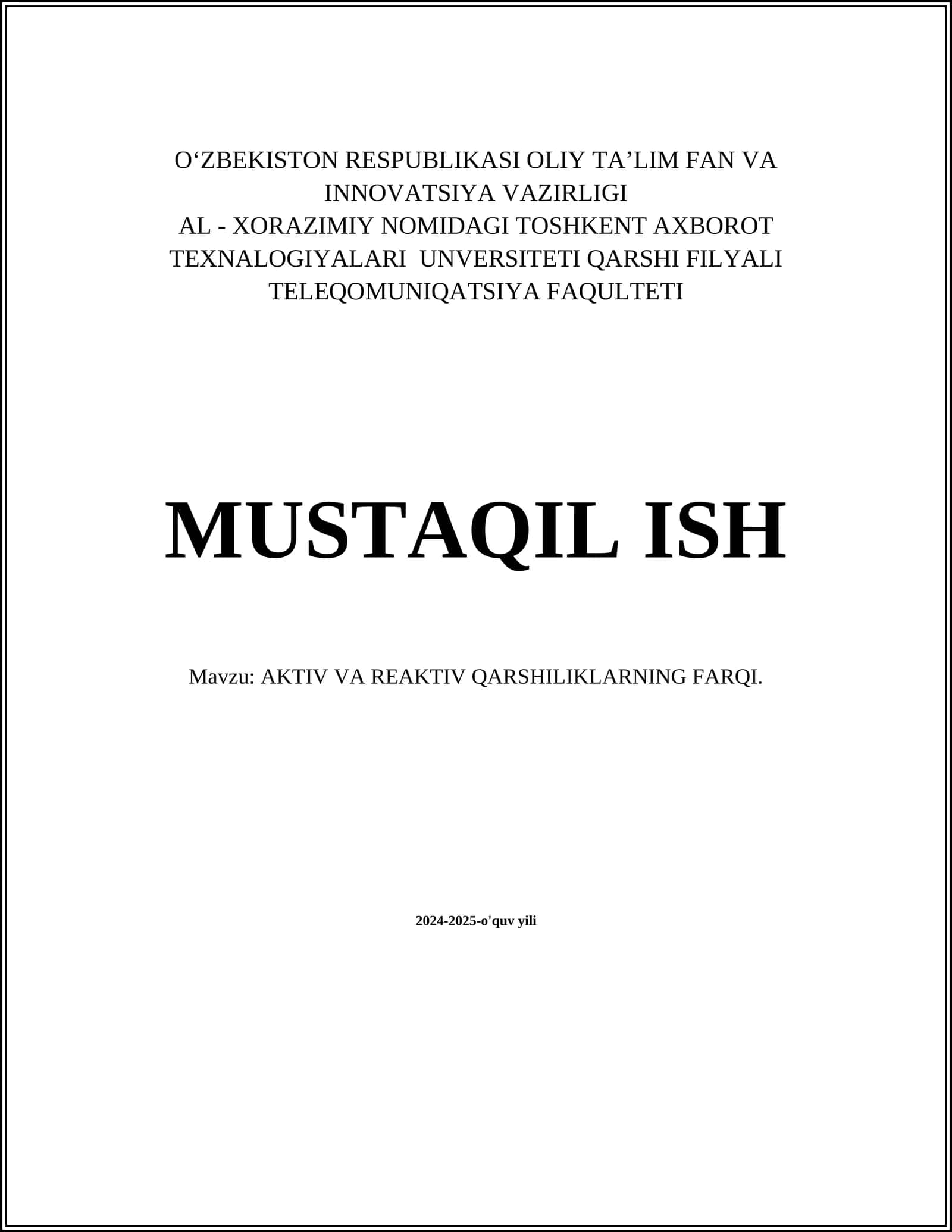 AKTIV VA REAKTIV QARSHILIKLARNING FARQI