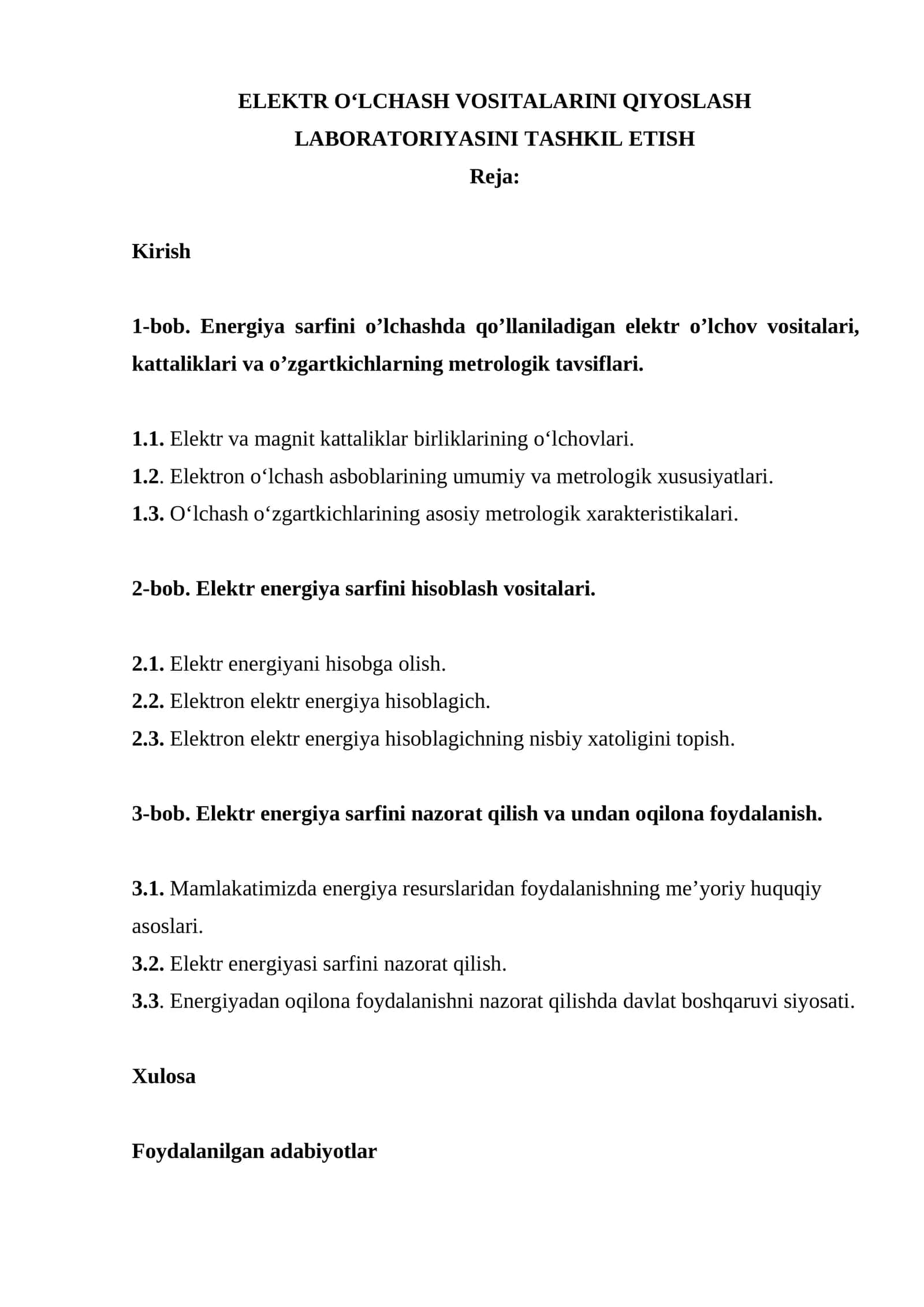 ELEKTR OʻLCHASH VOSITALARINI QIYOSLASH LABORATORIYASINI TASHKIL ETISH