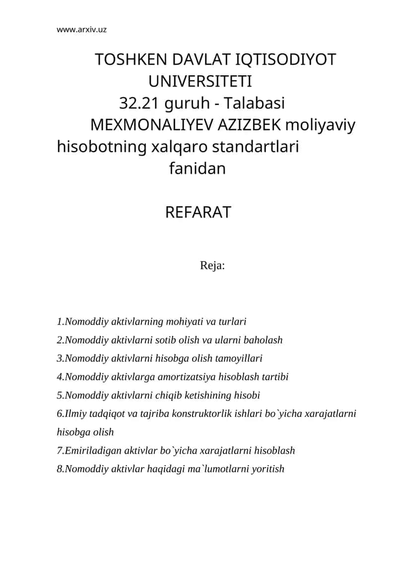 Nomoddiy aktivlarning mohiyati va turlari