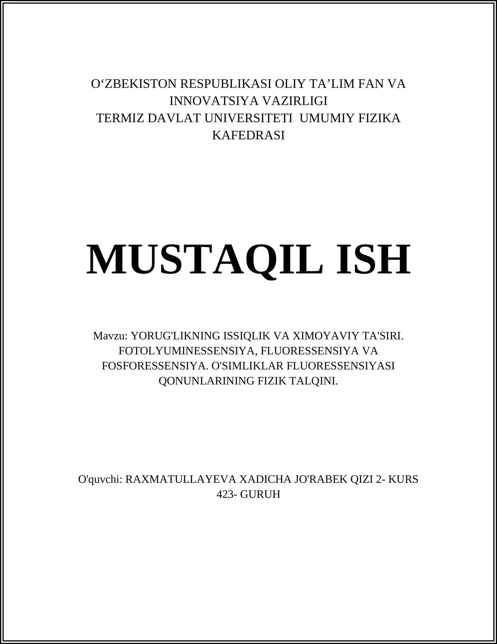 YORUG'LIKNING ISSIQLIK VA XIMOYAVIY TA'SIRI