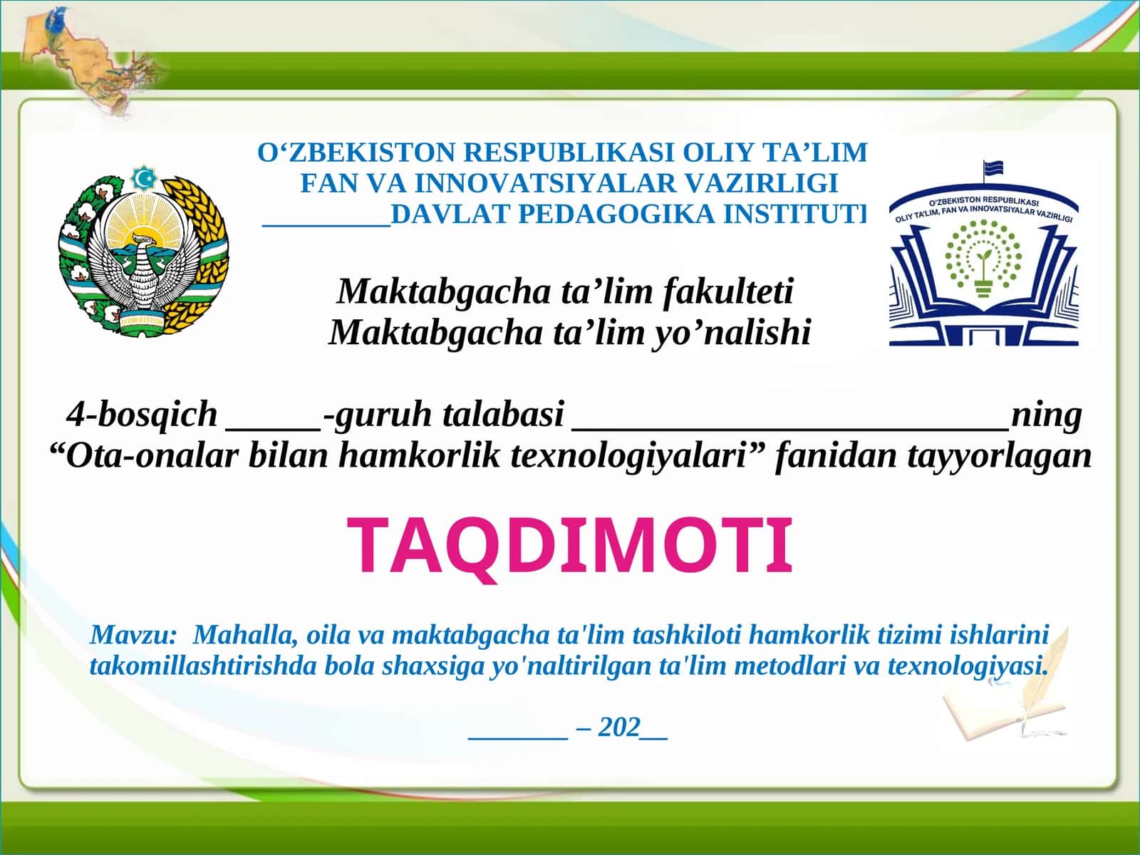 Mahalla, oila va maktabgacha ta'lim tashkiloti hamkorlik tizimi ishlarini takomillashtirishda bola shaxsiga yo'naltirilgan ta'lim metodlari va texnologiyasi - 24 sahifa