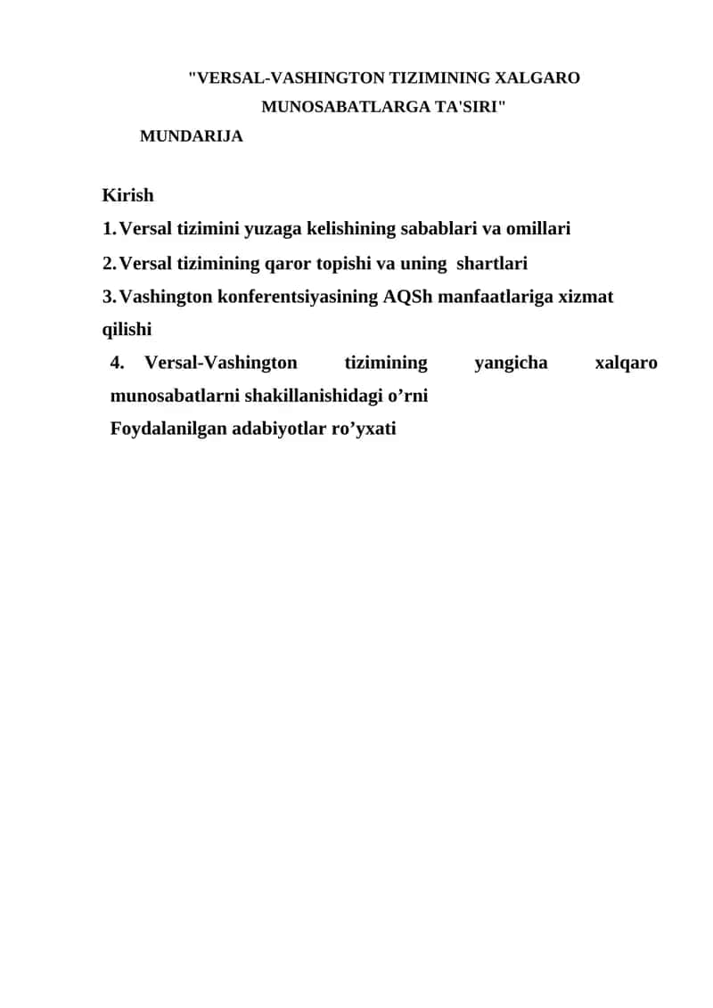 VERSAL-VASHINGTON TIZIMINING XALGARO MUNOSABATLARGA TA'SIRI