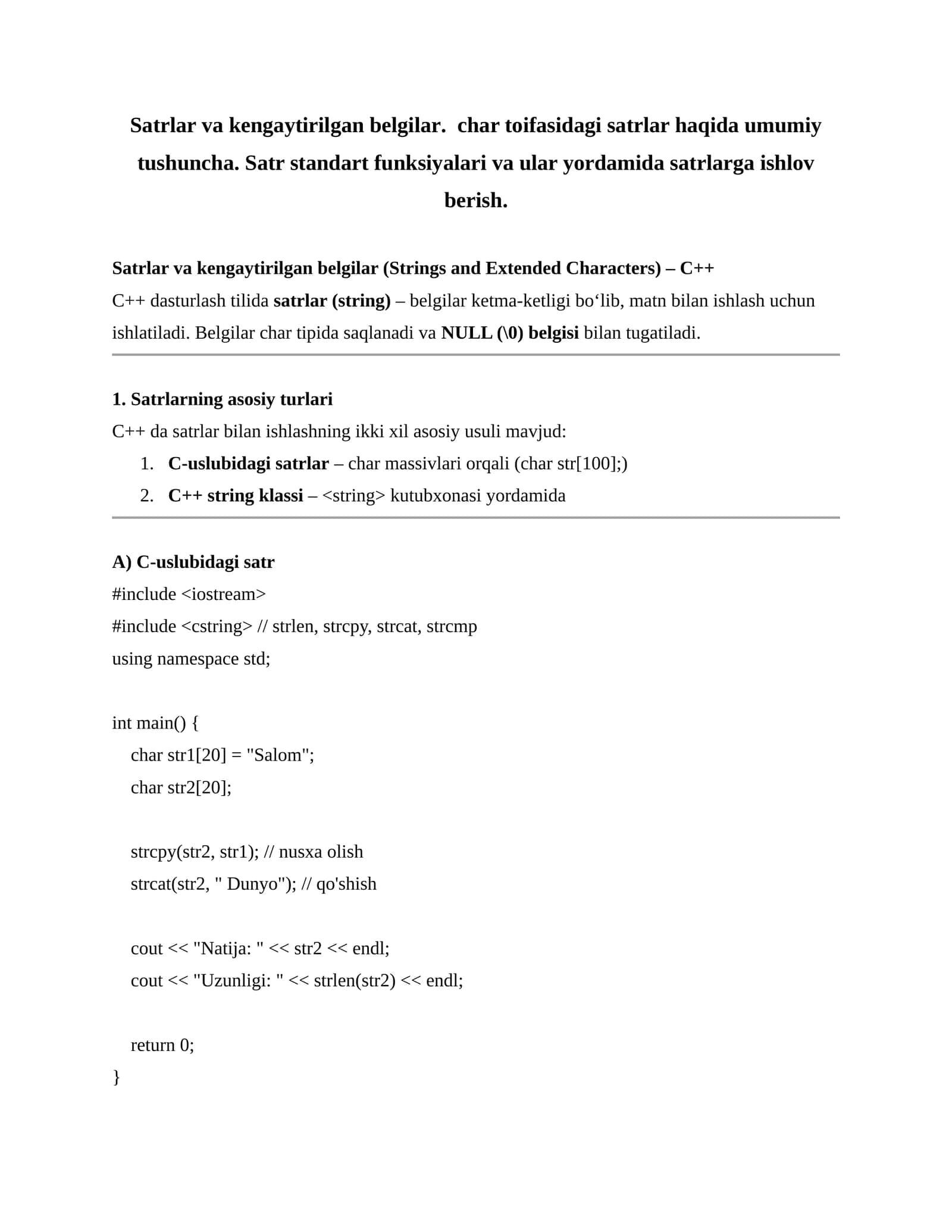 Satrlar va kengaytirilgan belgilar (Strings and Extended Characters) – C++
