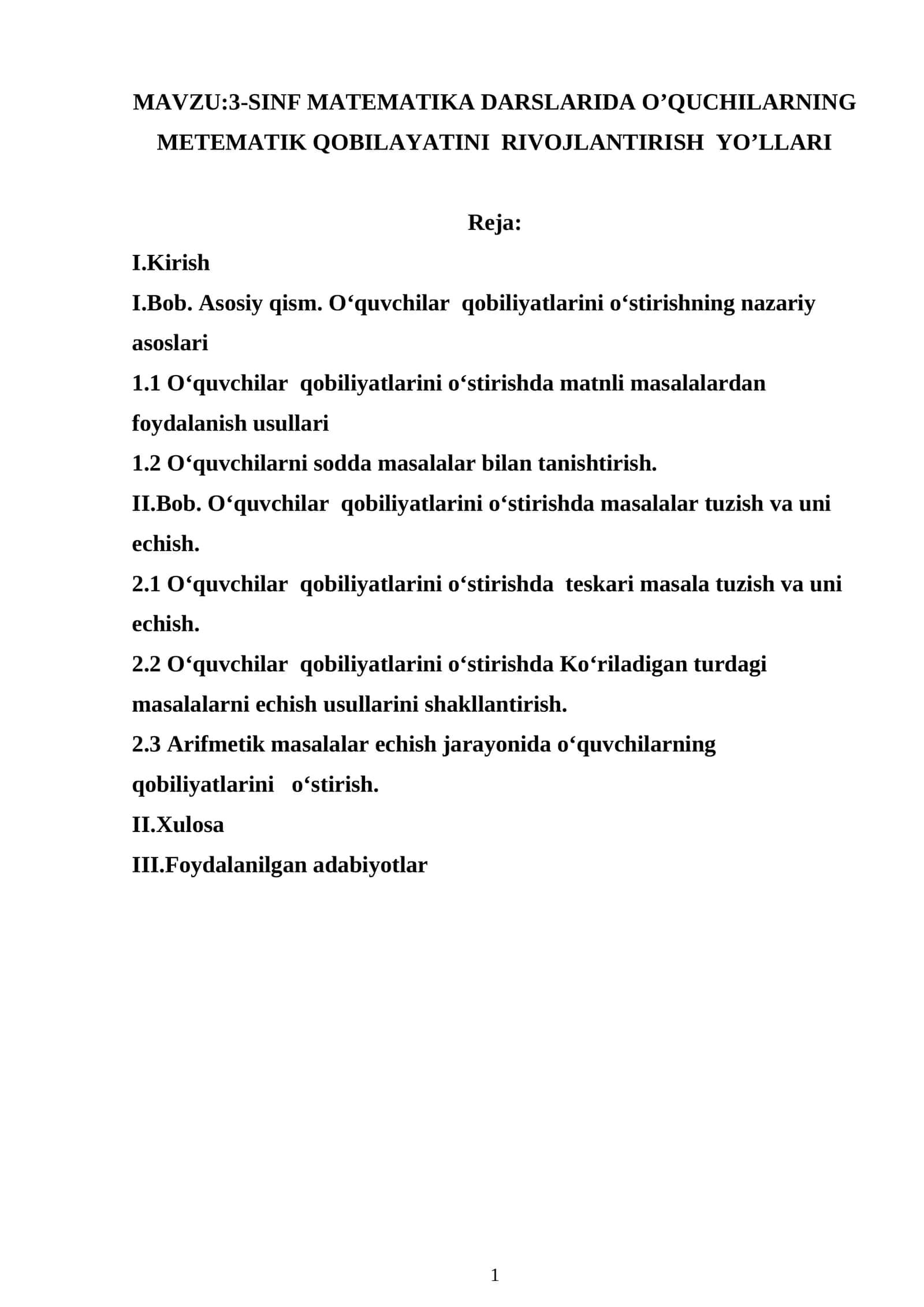 3-SINF MATEMATIKA DARSLARIDA O’QUCHILARNING METEMATIK QOBILAYATINI RIVOJLANTIRISH YO’LLARI