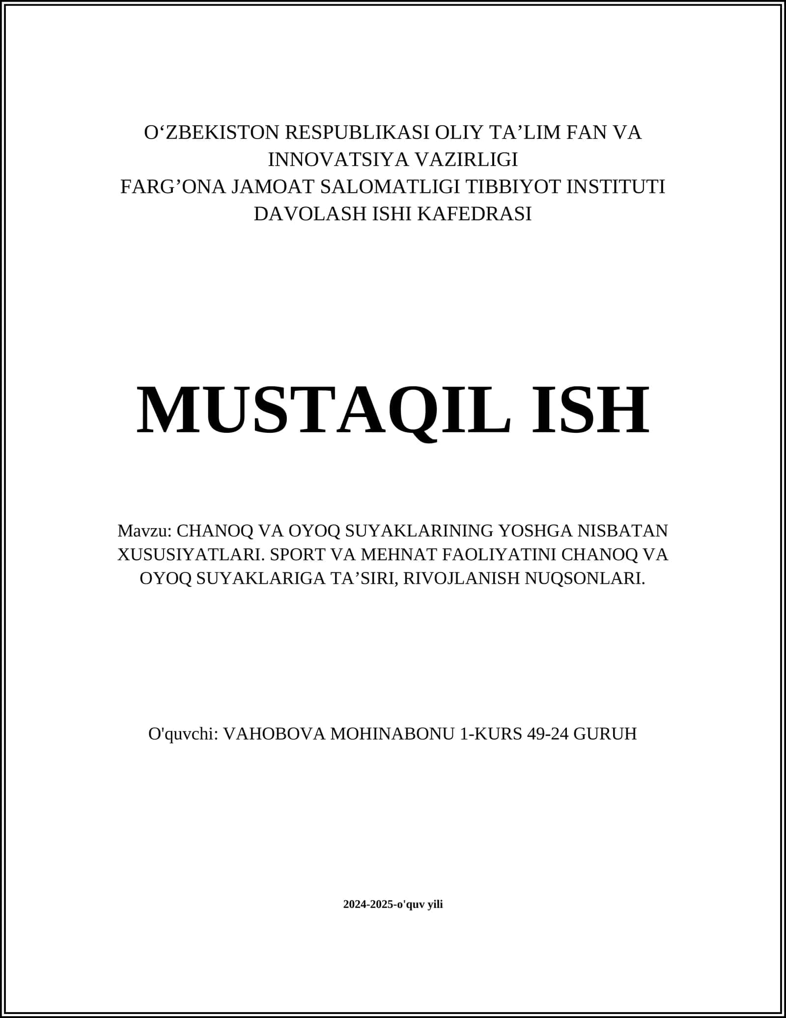 CHANOQ VA OYOQ SUYAKLARINING YOSHGA NISBATAN XUSUSIYATLARI. SPORT VA MEHNAT FAOLIYATINI CHANOQ VA OYOQ SUYAKLARIGA TA’SIRI, RIVOJLANISH NUQSONLARI