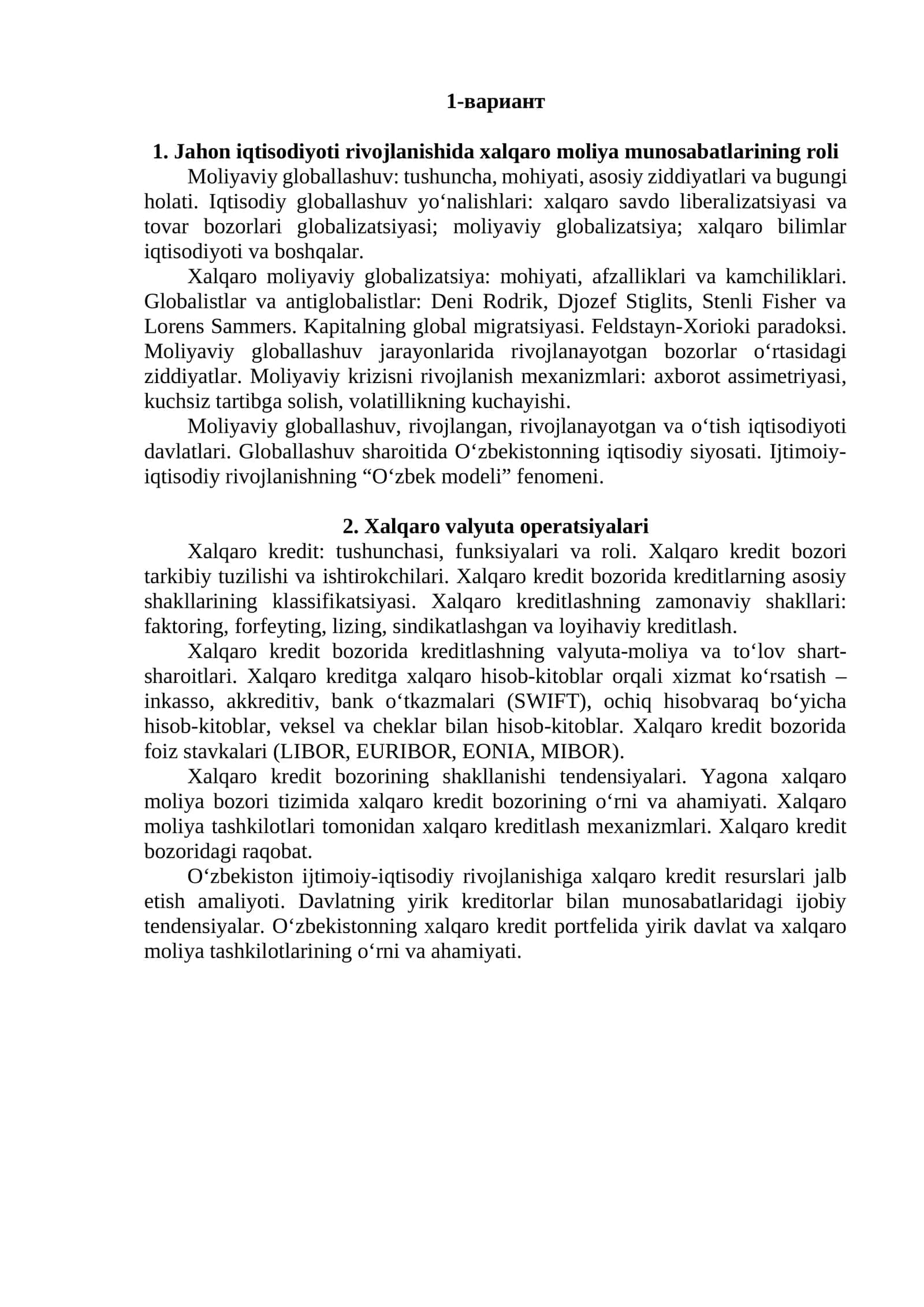 Jahon iqtisodiyoti rivojlanishida xalqaro moliya munosabatlarining roli