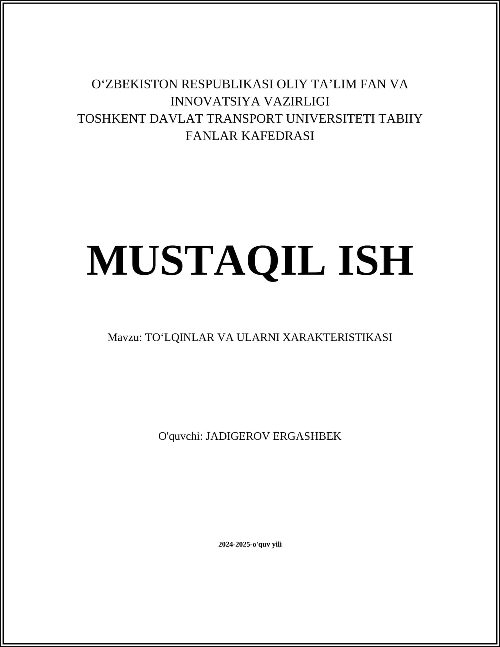 TOʻLQINLAR VA ULARNI XARAKTERISTIKASI