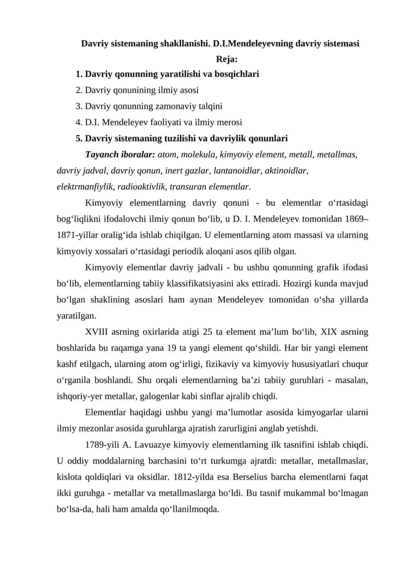 Kimyoviy Elementlarning Davriy Qonuni
