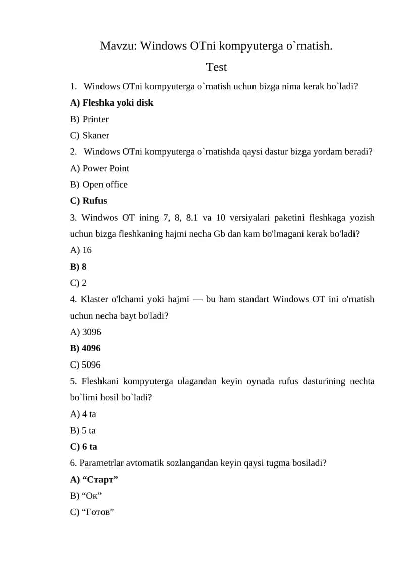 Windows OTni kompyuterga o`rnatish