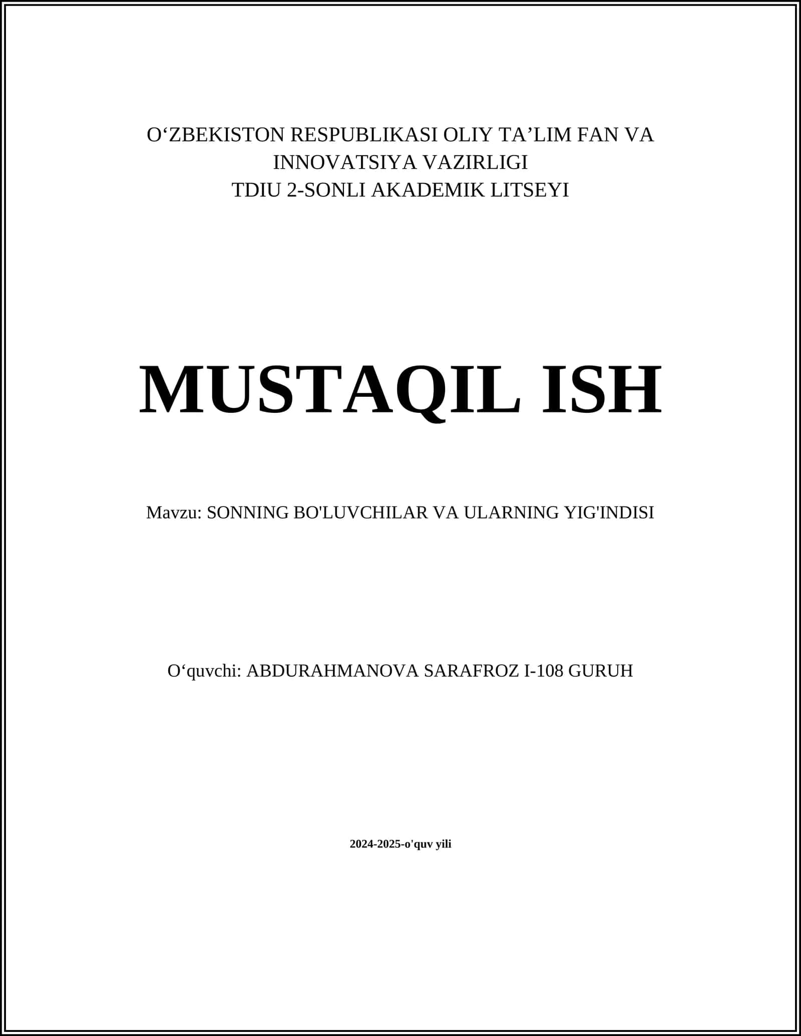 SONNING BO'LUVCHILAR VA ULARNING YIG'INDISI
