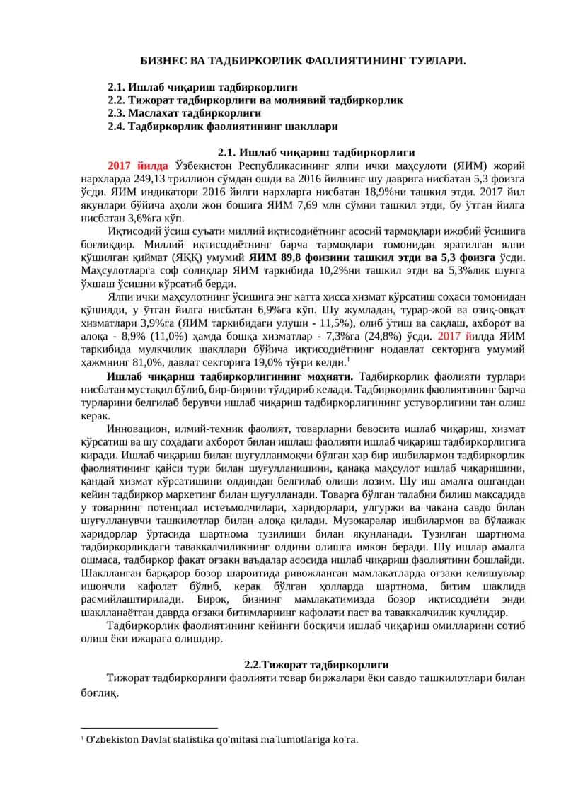 БИЗНЕС ВА ТАДБИРКОРЛИК ФАОЛИЯТИНИНГ ТУРЛАРИ