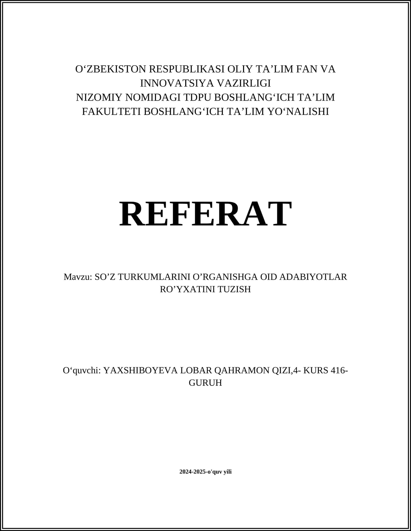 SO’Z TURKUMLARINI O’RGANISHGA OID ADABIYOTLAR RO’YXATINI TUZISH