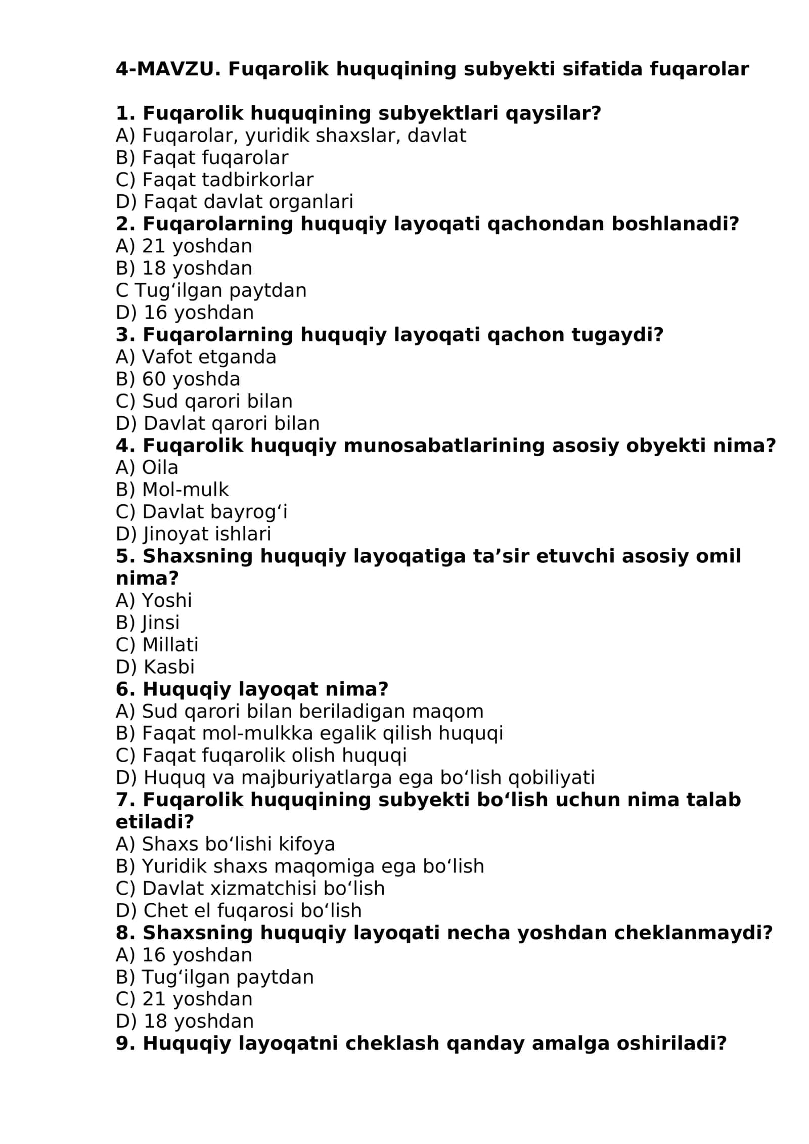 Fuqarolik huquqining subyekti sifatida fuqarolar