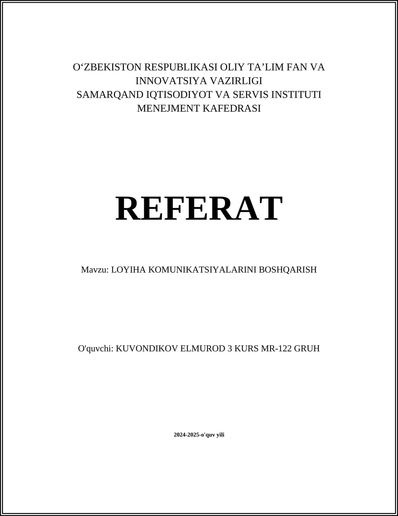 LOYIHA KOMUNIKATSIYALARINI BOSHQARISH