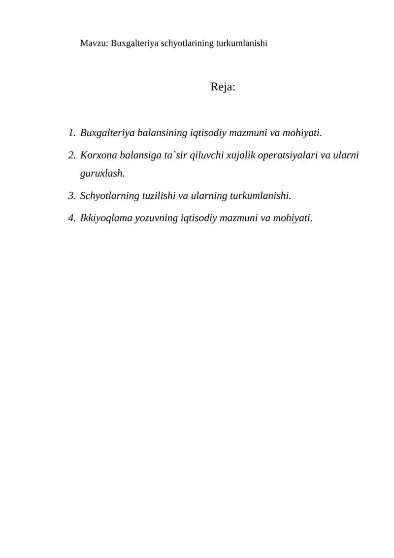 Buxgalteriya schyotlarining turkumlanishi