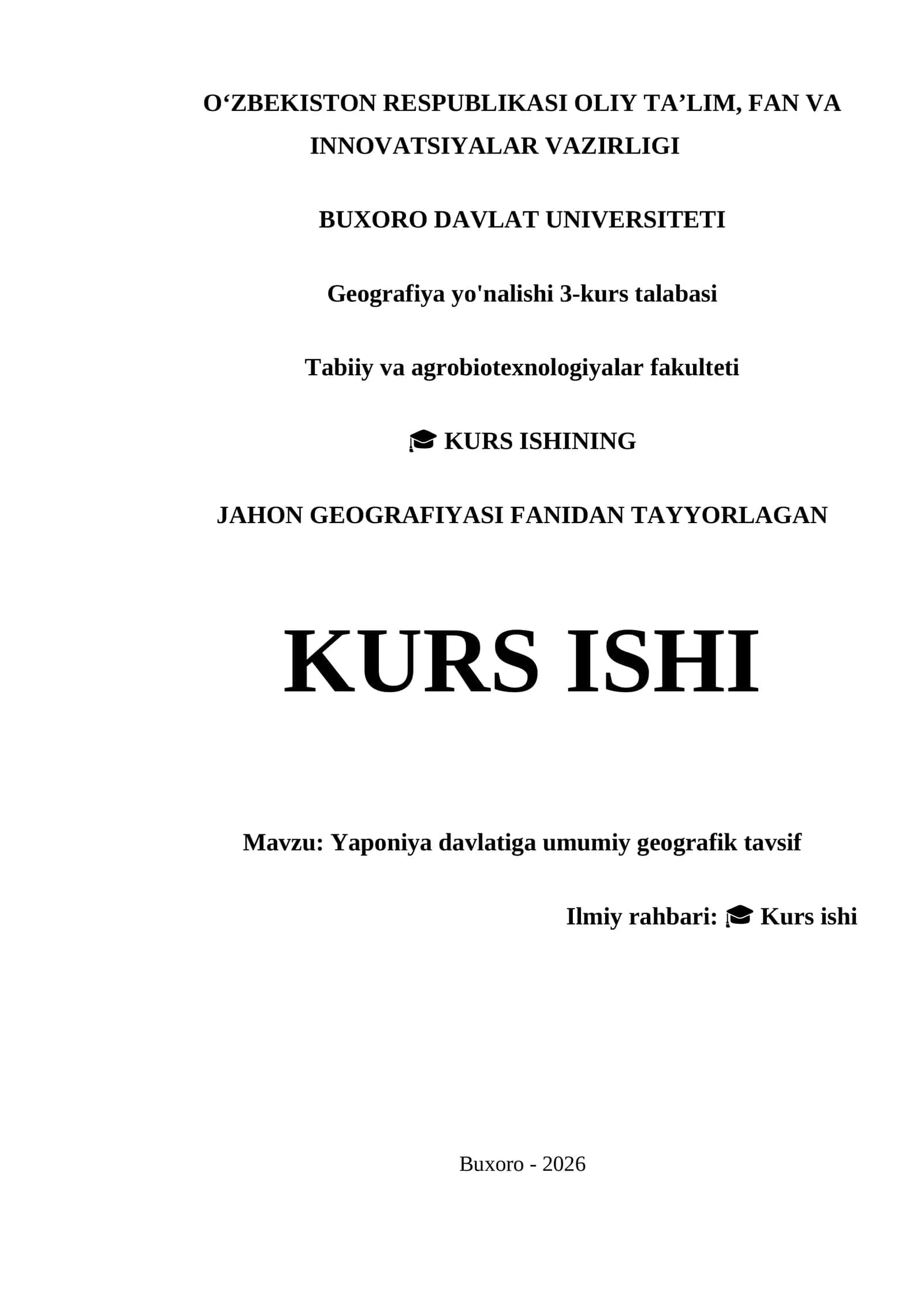 JAHON GEOGRAFIYASI FANIDAN TAYYORLAGAN KURS ISHI