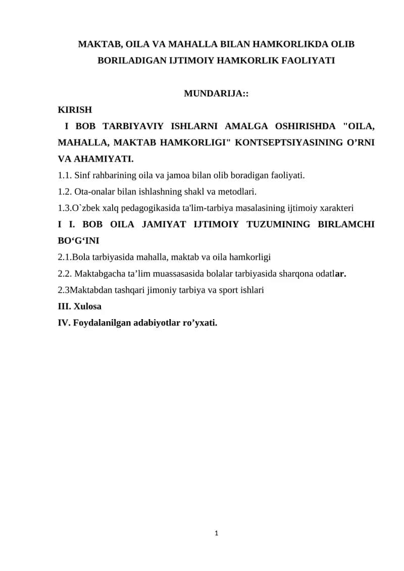 MAKTAB, OILA VA MAHALLA BILAN HAMKORLIKDA OLIB BORILADIGAN IJTIMOIY HAMKORLIK FAOLIYATI