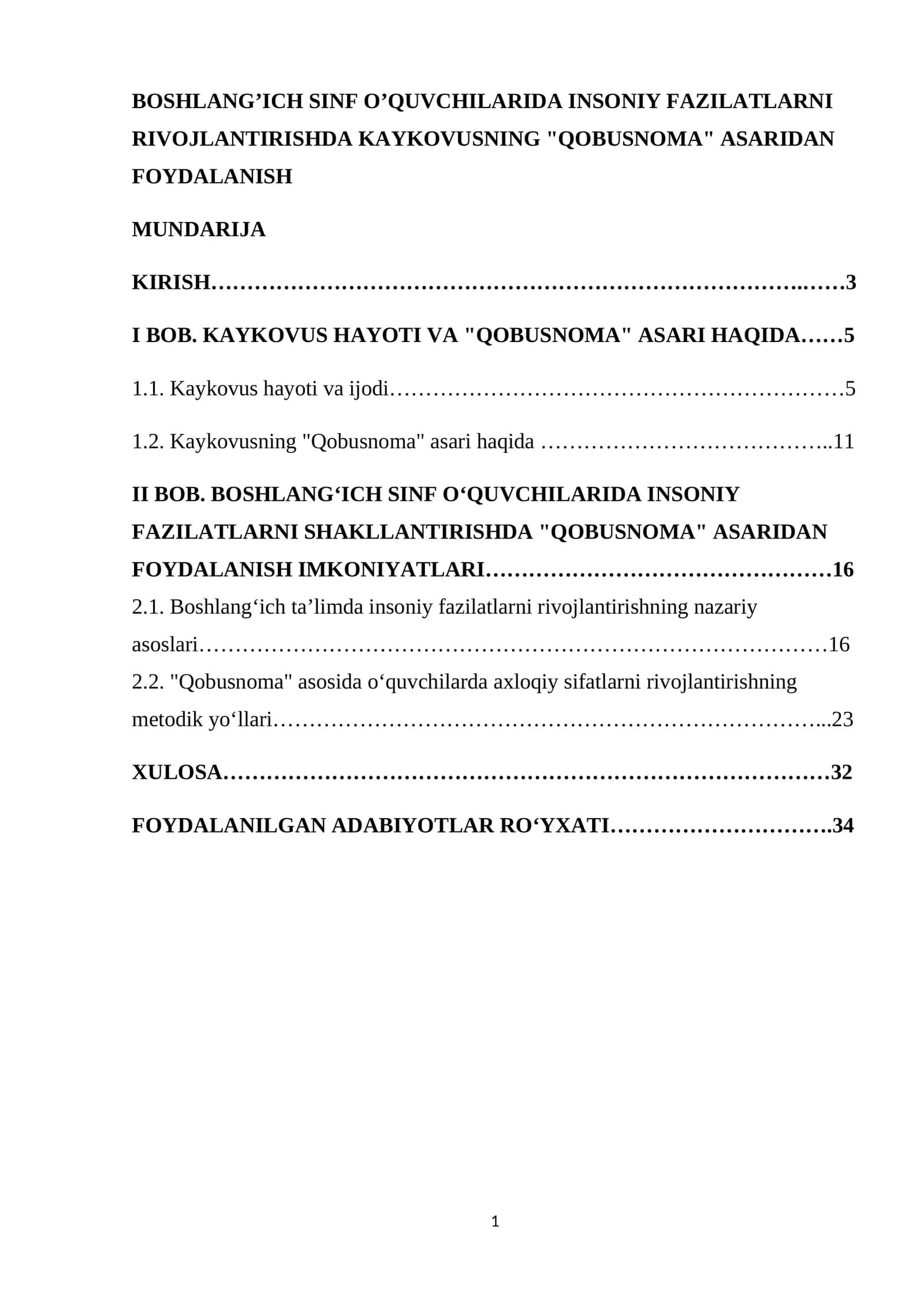 BOSHLANG’ICH SINF O’QUVCHILARIDA INSONIY FAZILATLARNI RIVOJLANTIRISHDA KAYKOVUSNING "QOBUSNOMA" ASARIDAN FOYDALANISH