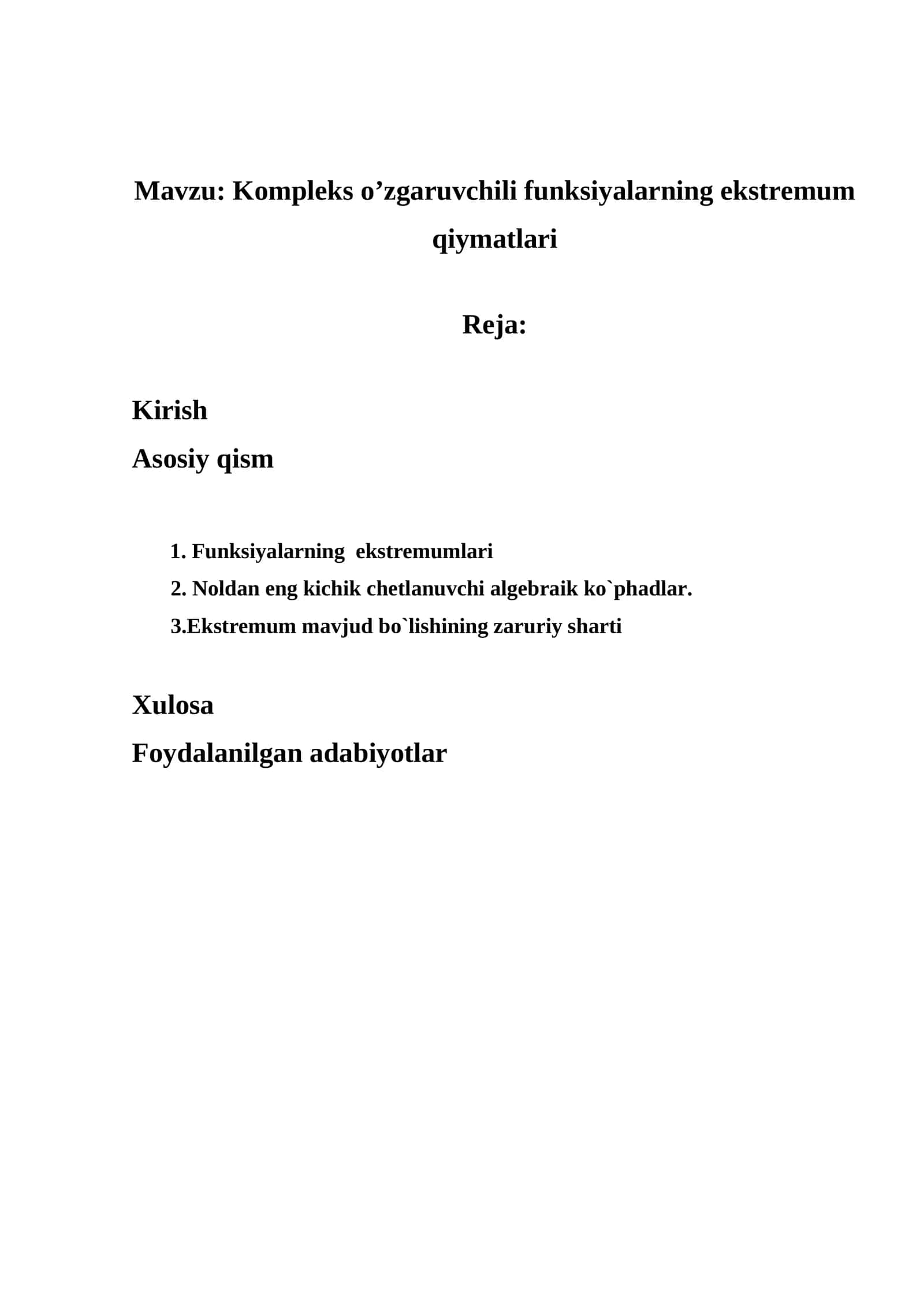 Kompleks o’zgaruvchili funksiyalarning ekstremum qiymatlari