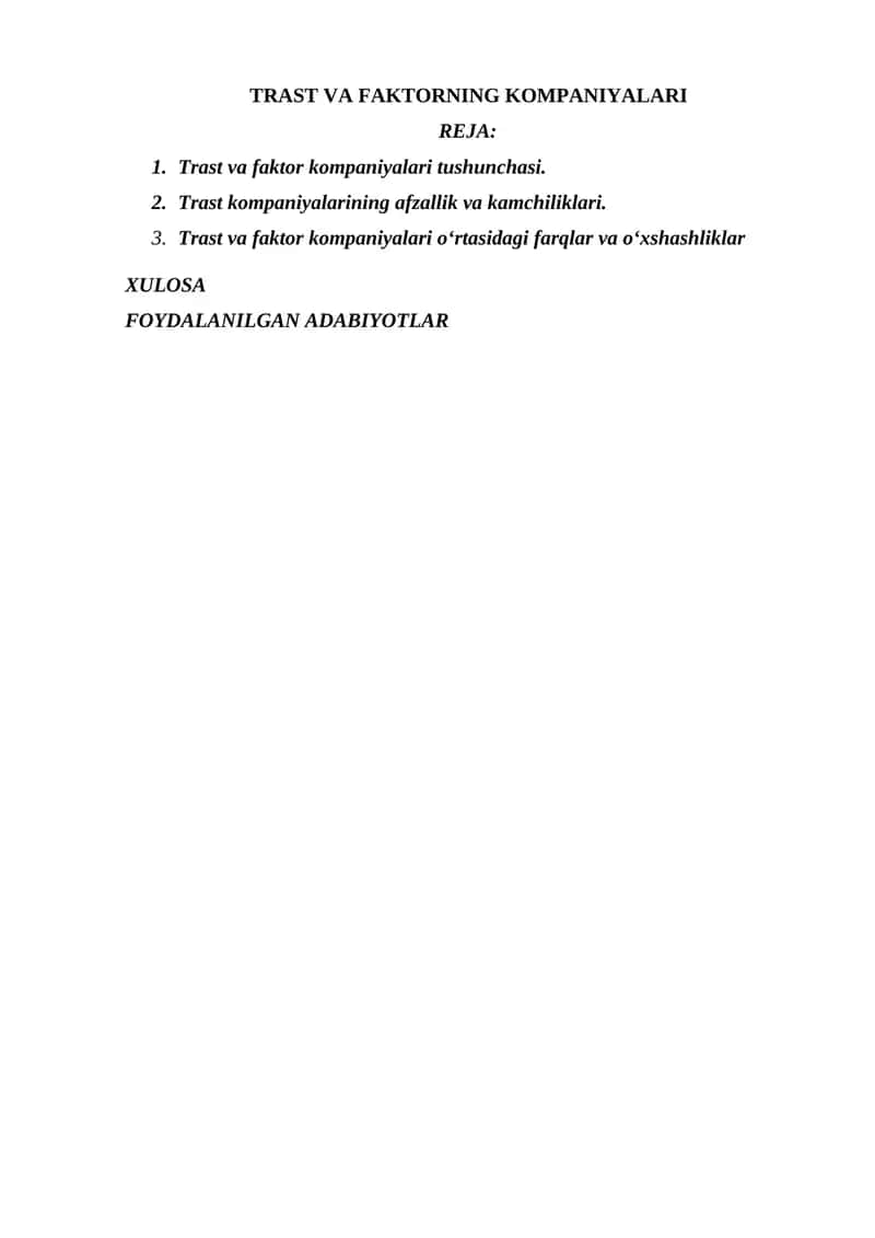 TRAST VA FAKTORNING KOMPANIYALARI