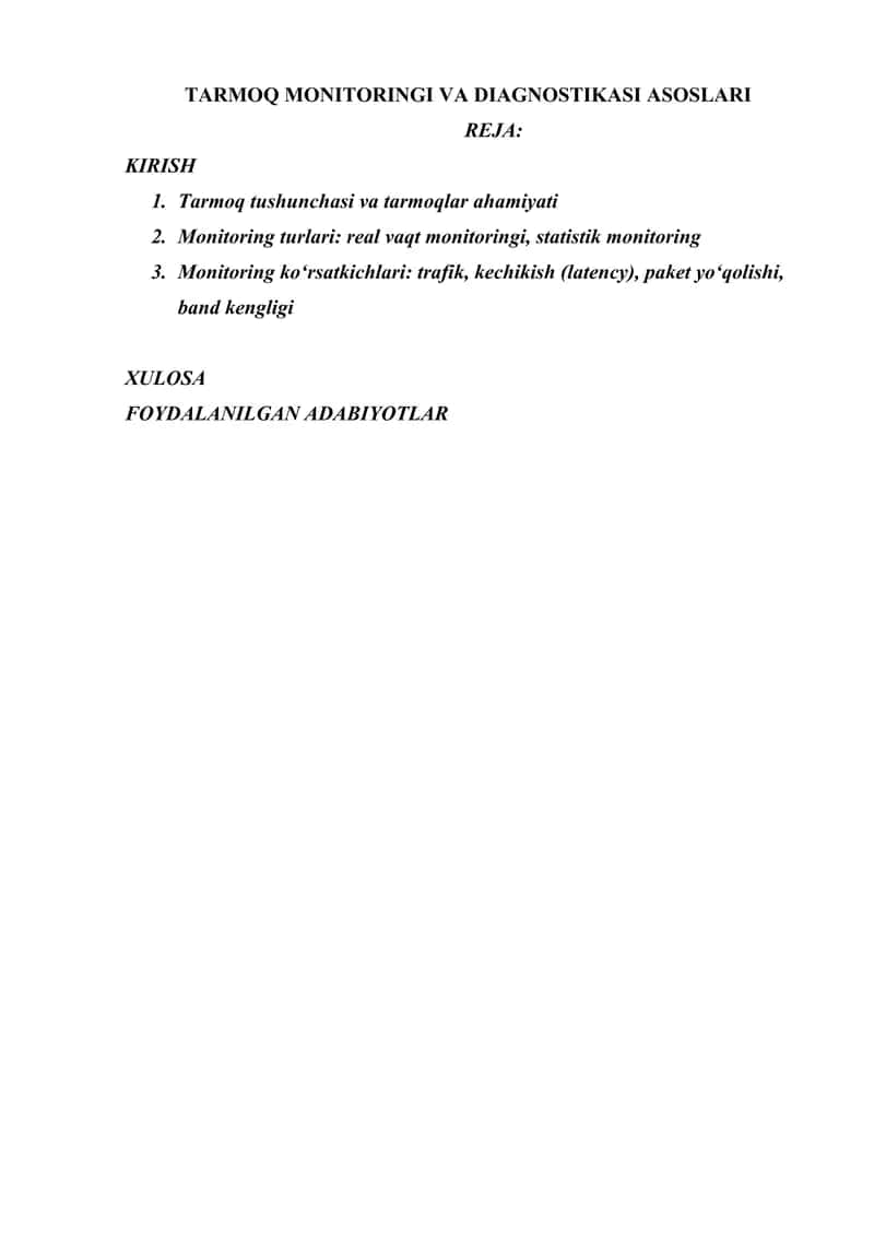TARMOQ MONITORINGI VA DIAGNOSTIKASI ASOSLARI