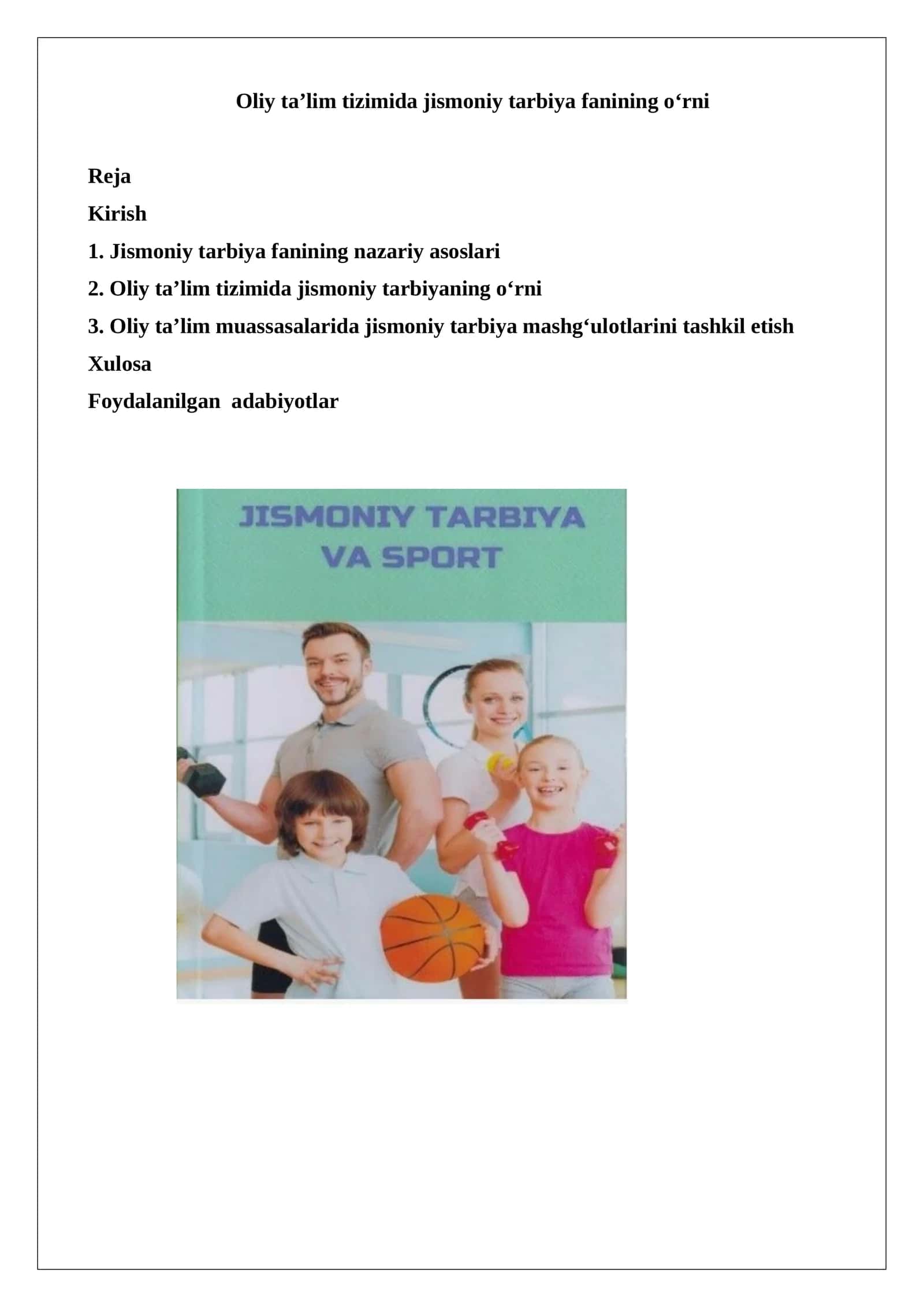 Oliy ta’lim tizimida jismoniy tarbiya fanining o‘rni