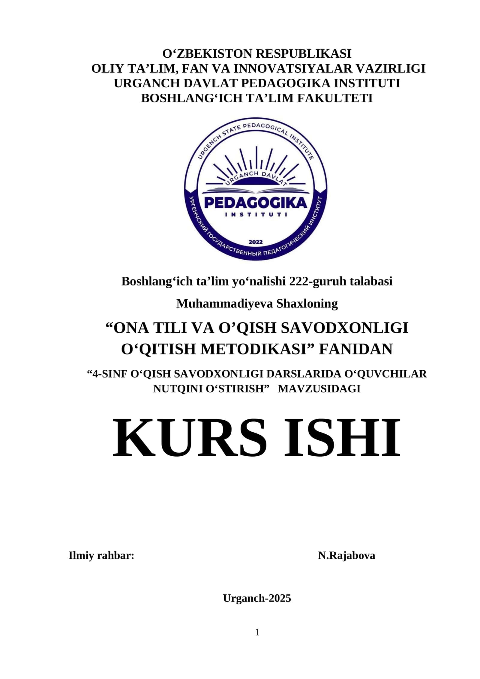 4-SINF OʻQISH SAVODXONLIGI DARSLARIDA OʻQUVCHILAR NUTQINI OʻSTIRISH