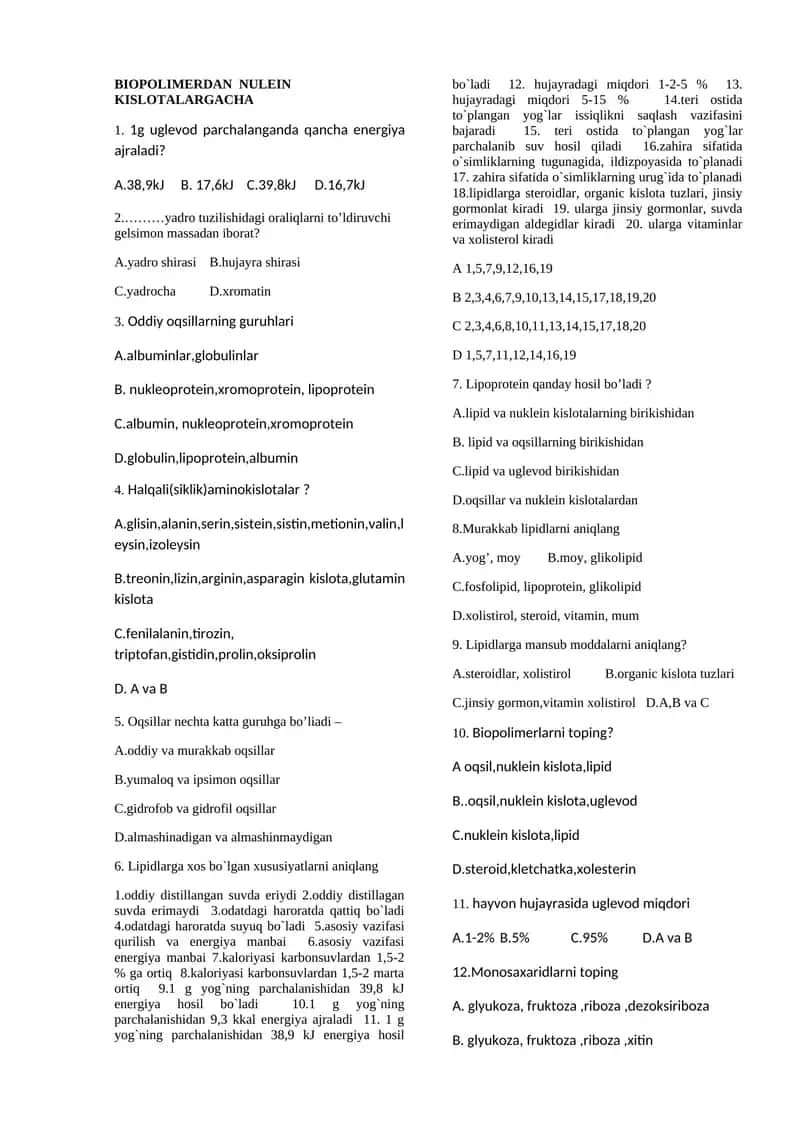 Lipidlarga xos bo`lgan xususiyatlar