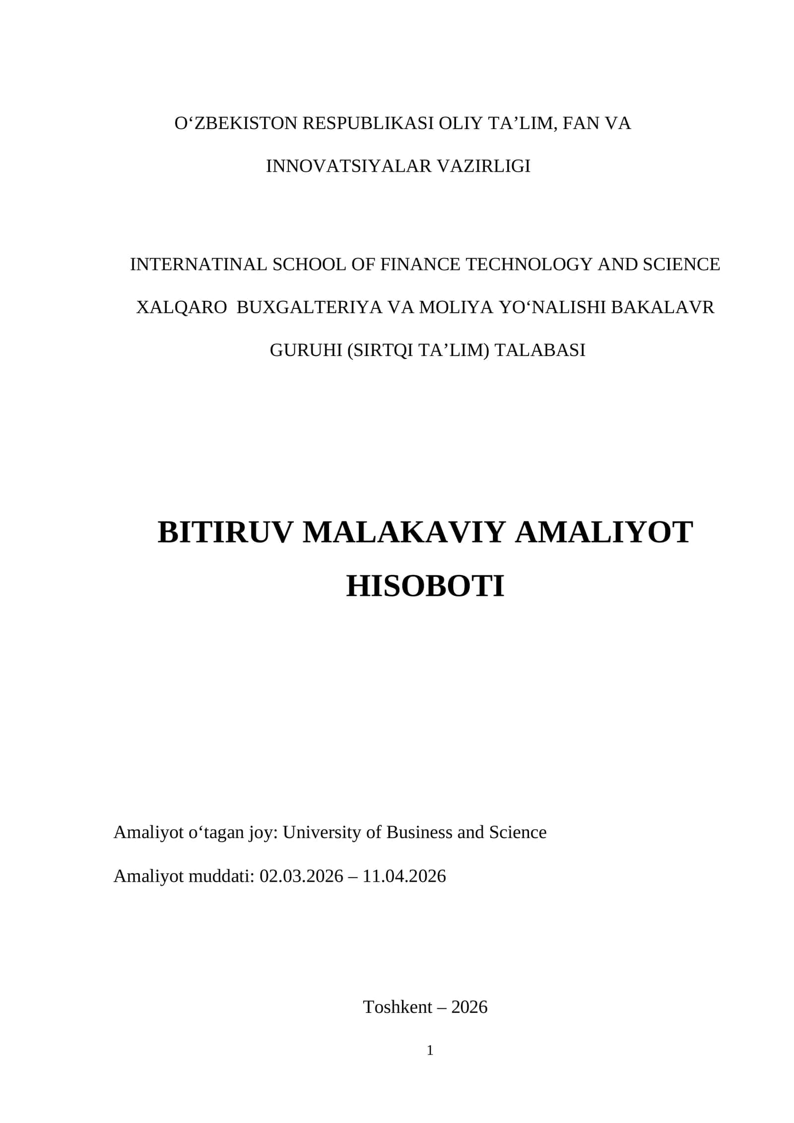 Amaliyot joyi: Universitet Buxgalteriya boʻlimi boʻyicha Amaliyot hisoboti