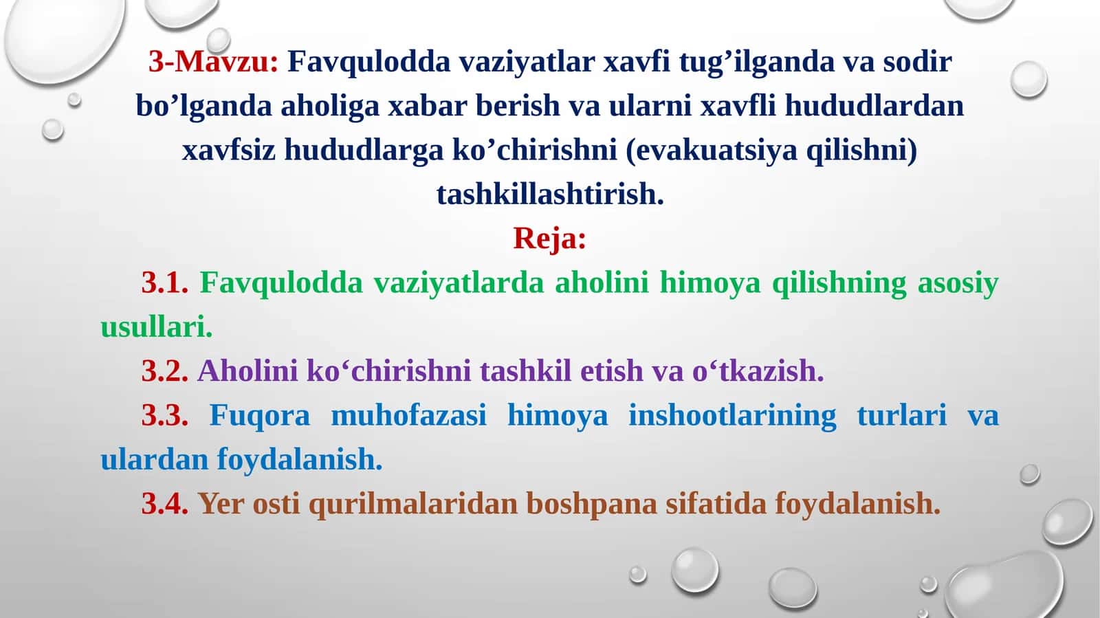 Favquloddavaziyatlar xavfi tug’ilganda va sodir bo’lganda aholiga xabar berish va ularni xavfli hududlardan xavfsiz hududlarga ko’chirishni (evakuatsiya qilishni) tashkillashtirish
