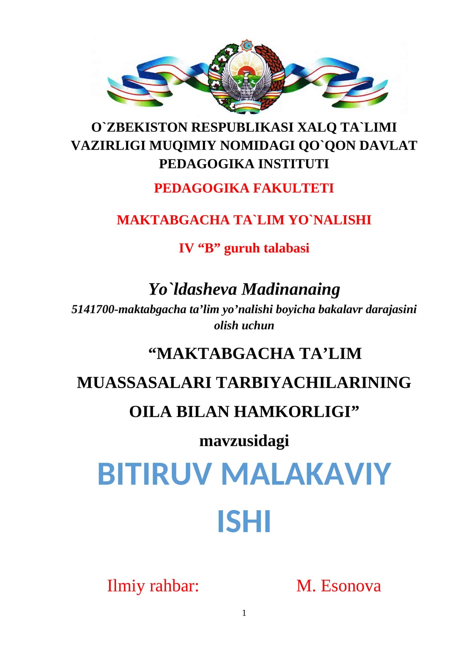 MAKTABGACHA TA’LIM MUASSASALARI TARBIYACHILARINING OILA BILAN HAMKORLIGI