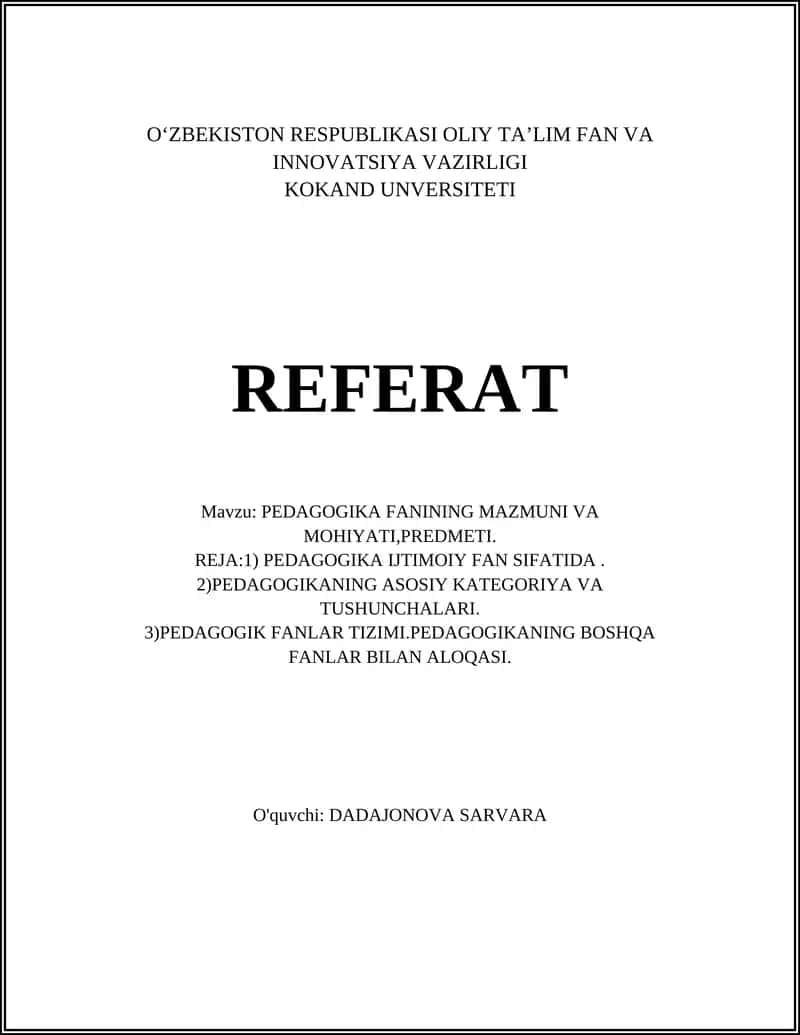 PEDAGOGIKA FANINING MAZMUNI VA MOHIYATI,PREDMETI