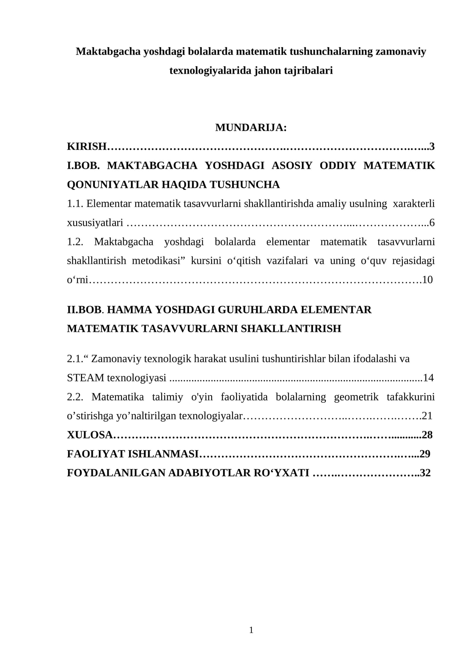 Maktabgacha yoshdagi bolalarda matematik tushunchalarning zamonaviy texnologiyalarida jahon tajribalari