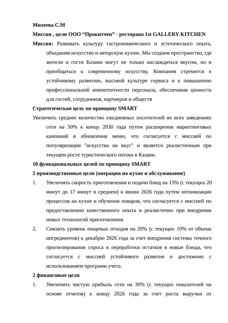 Миссия, цели ООО “Прокитчен” - ресторана 1st GALLERY KITCHEN