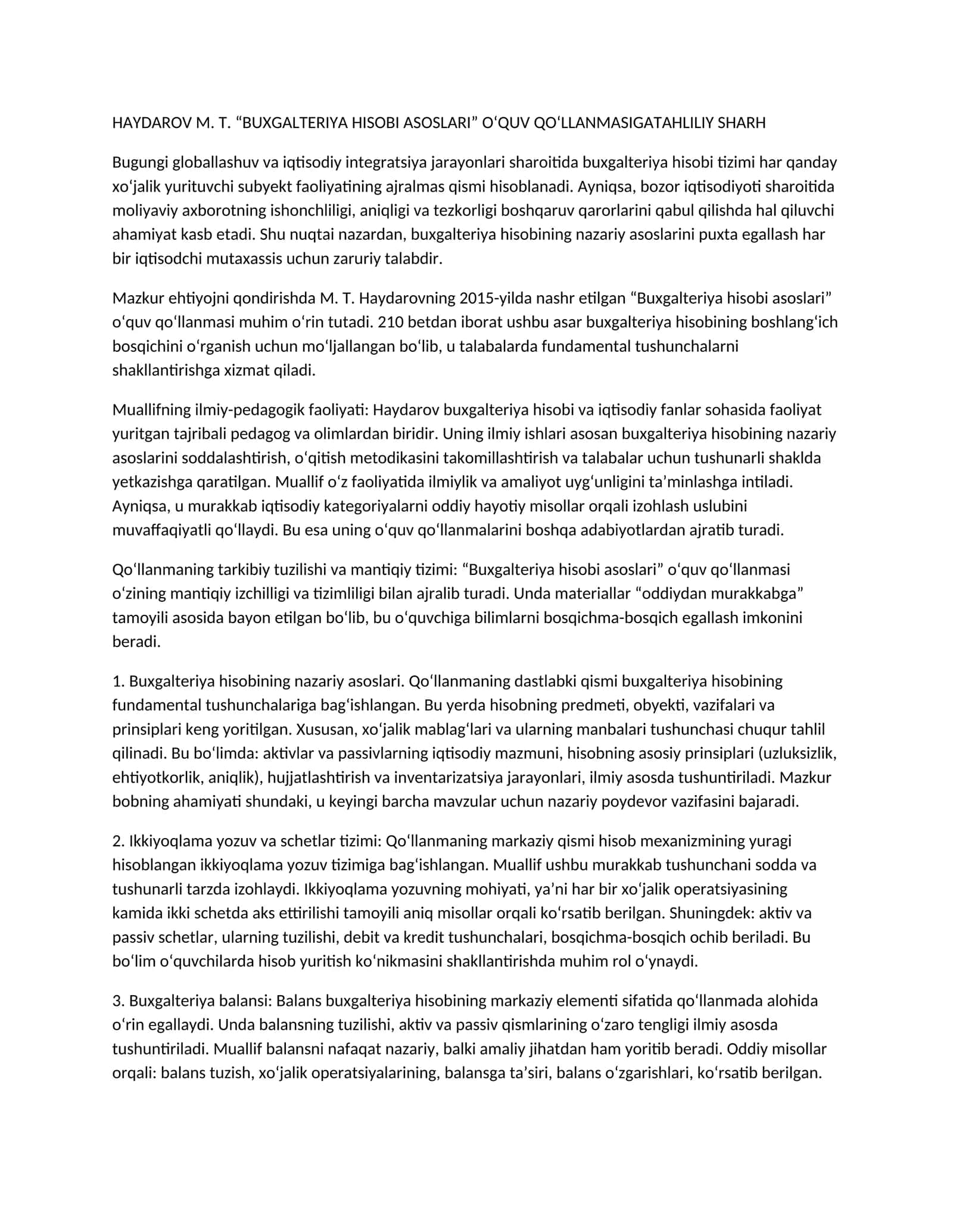 HAYDAROV M. T. “BUXGALTERIYA HISOBI ASOSLARI” O‘QUV QO‘LLANMASIGA TAHLILIY SHARH