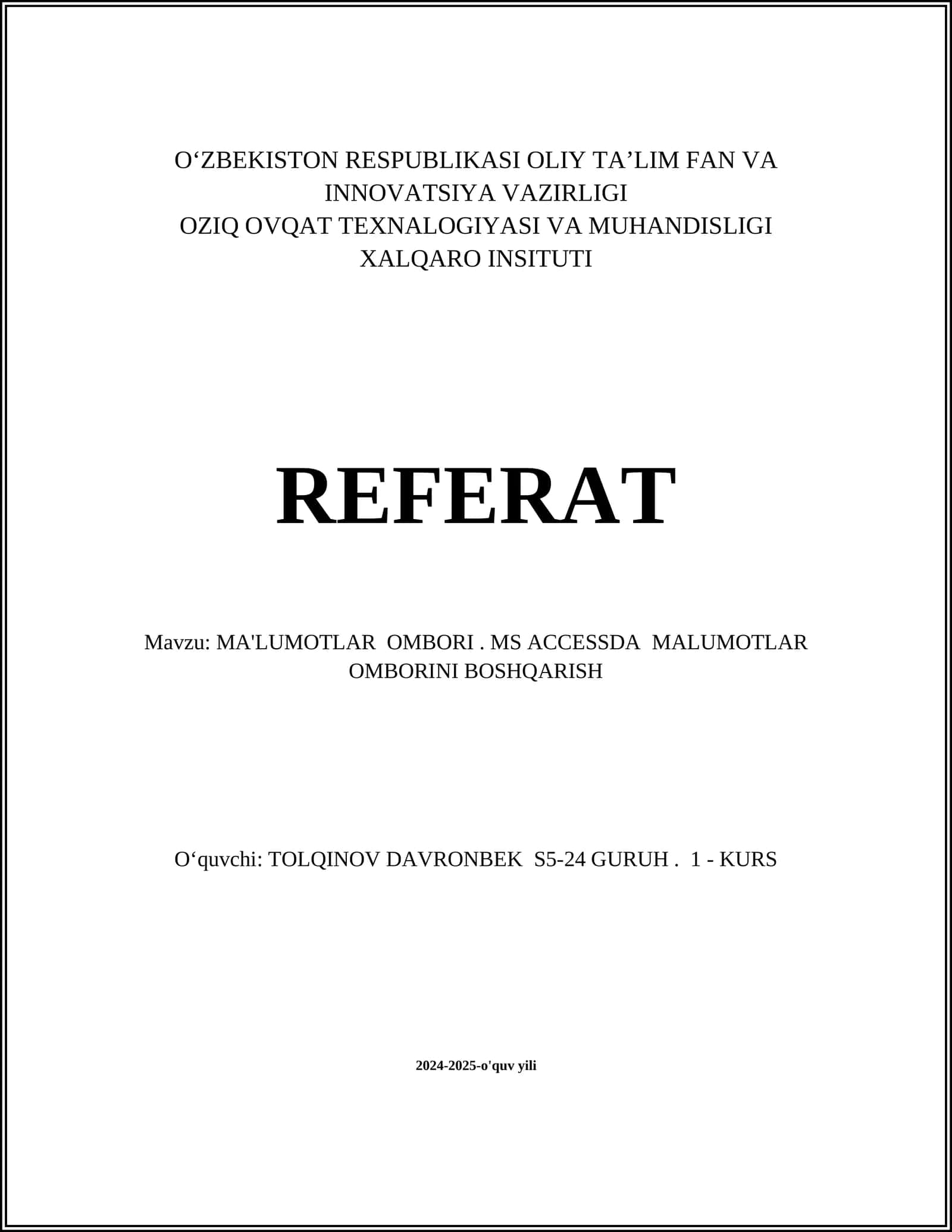MA'LUMOTLAR OMBORINI BOSHQARISH