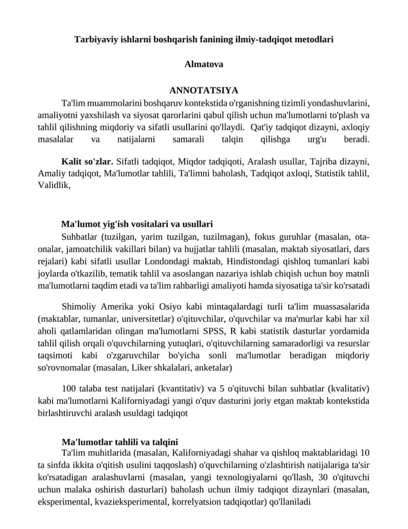 Tarbiyaviy ishlarni boshqarish fanining ilmiy-tadqiqot metodlari