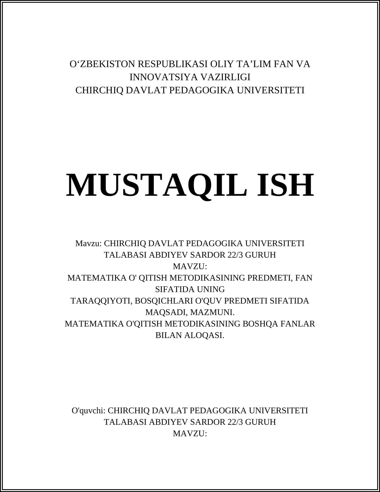 MATEMATIKA O' QITISH METODIKASI