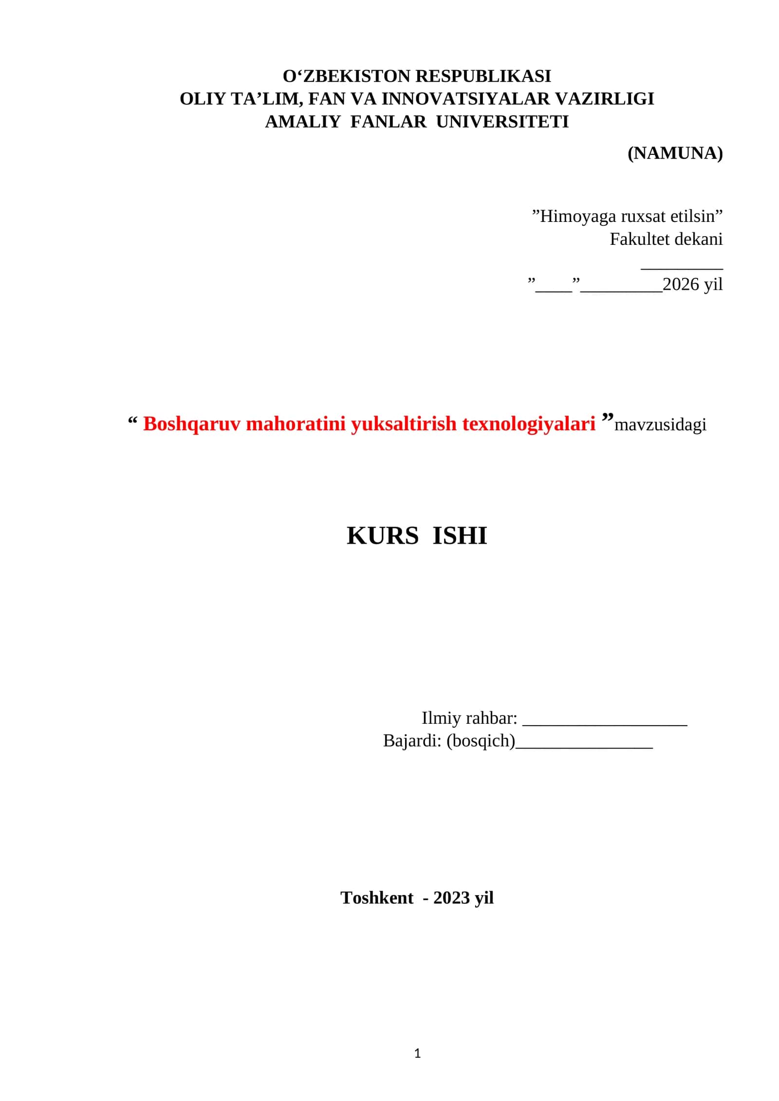 Boshqaruv mahoratini yuksaltirish texnologiyalari KURS ISHI