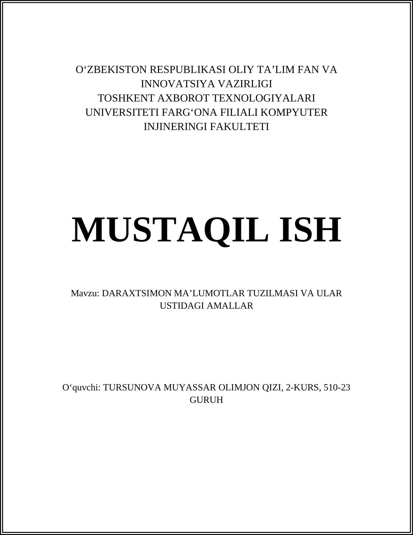 DARAXTSIMON MA’LUMOTLAR TUZILMASI VA ULAR USTIDAGI AMALLAR