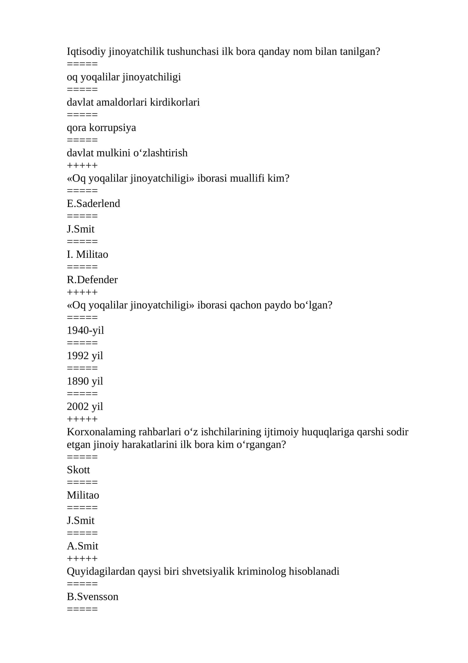 “PUL VA BANKLAR” FANIDAN TEST SAVOLLARI