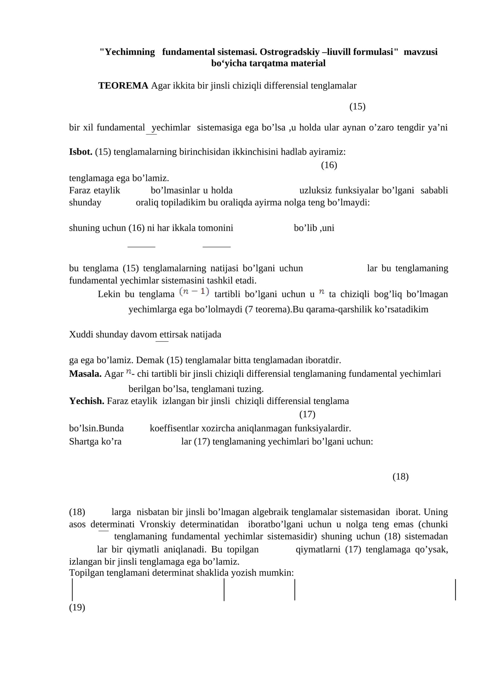 Yechimning fundamental sistemasi. Ostrogradskiy –liuvill formulasi