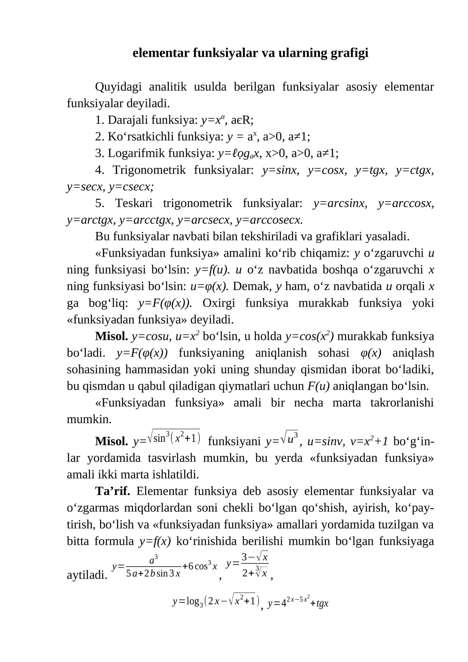 elementar funksiyalar va ularning grafigi